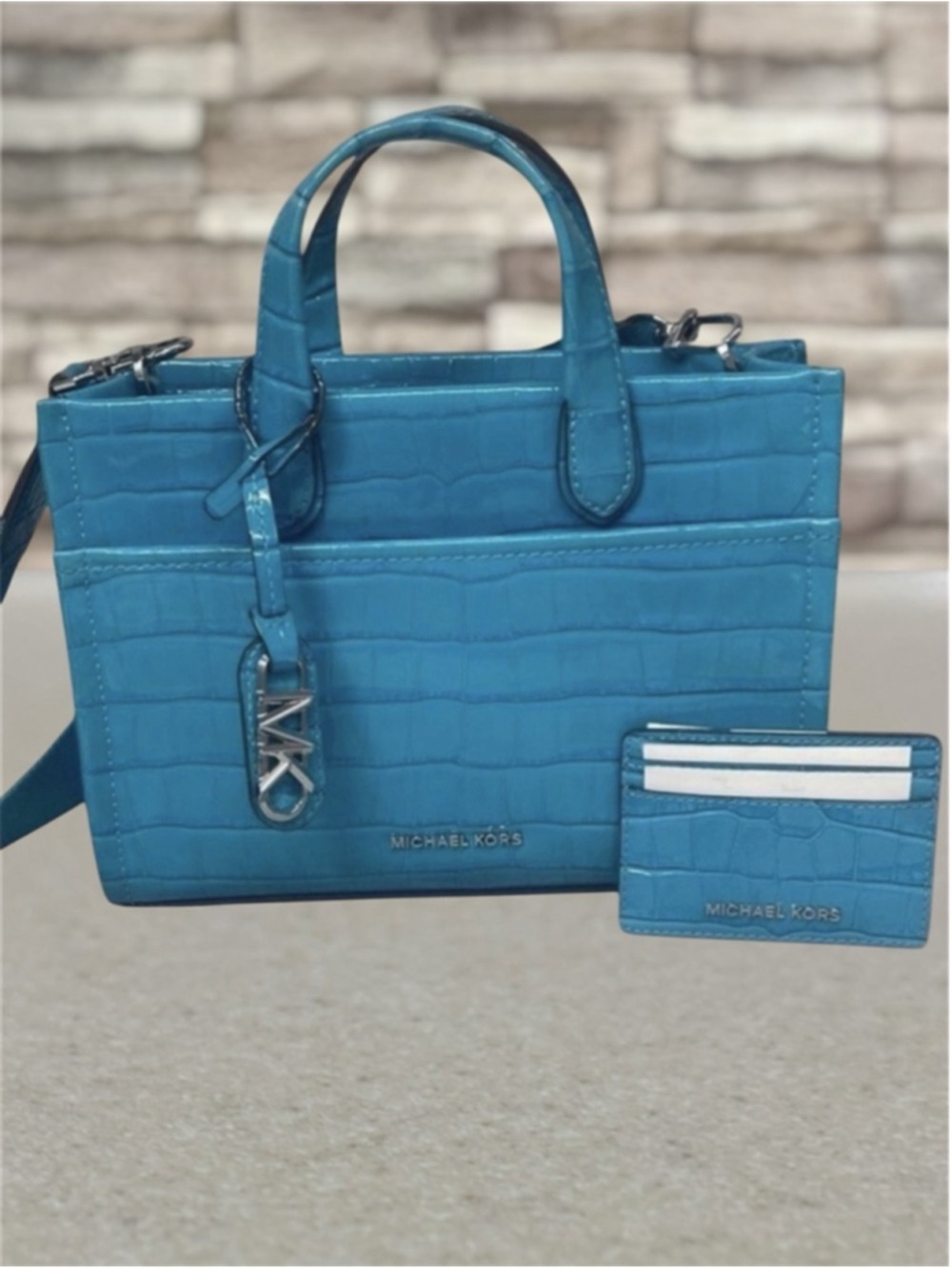 Michael Kors Gigi Croc Embossed Satchel & Matching Wallet Santorini Blue